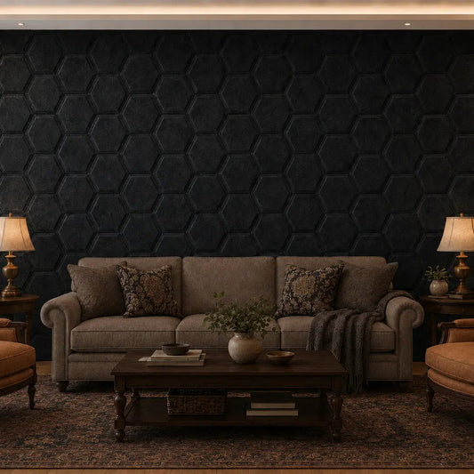 Elegant living room with black HEXA BOLD 3D acoustic felt wall panels, a classic sofa, two armchairs and warm ambient lighting