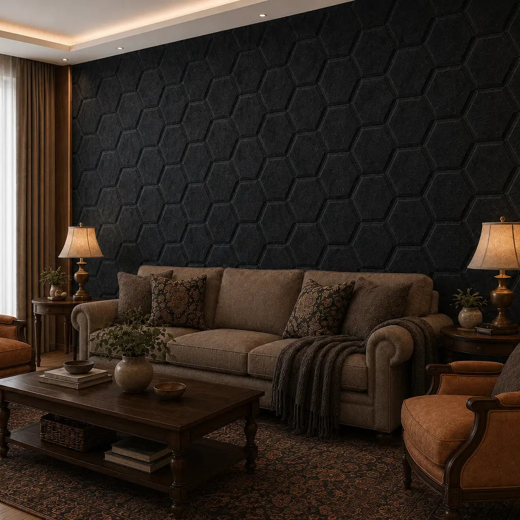 Black HEXA BOLD 3D acoustic felt panels in an elegant living room, shown from a 45-degree angle with classic furniture and warm lighting