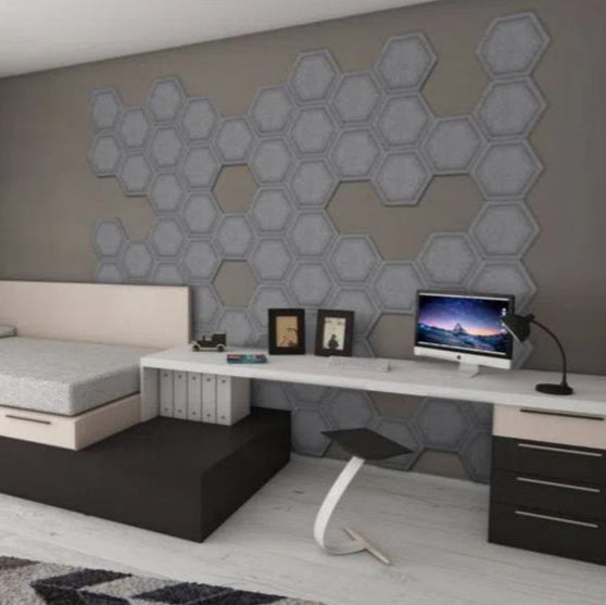 HEXA BOLD 3D Acoustic Felt Wall Panels accent wall in modern bedroom interior GREY DecorMania.eu