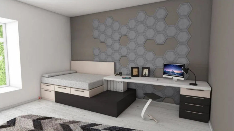 HEXA BOLD 3D Acoustic Felt Wall Panels accent wall in modern bedroom interior GREY DecorMania.eu