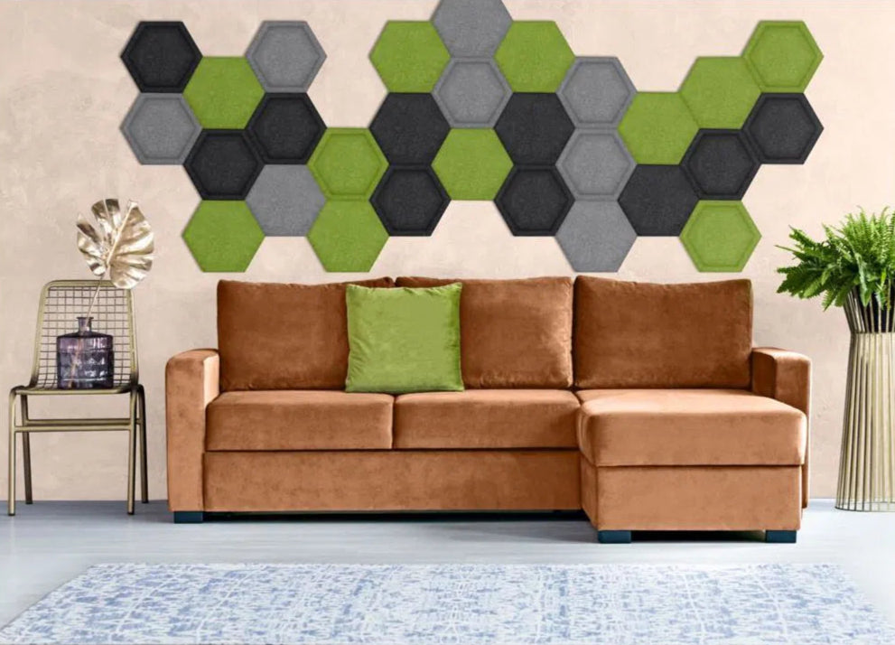 HEXA BOLD 3D Acoustic Felt Wall Panels in living room interior GREY DecorMania.eu