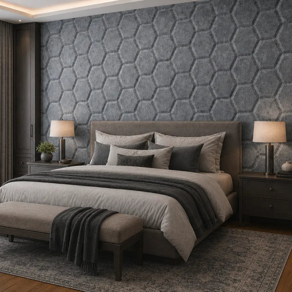 Grey HEXA BOLD 3D acoustic felt panels in an elegant bedroom, shown from a 45-degree angle with coordinated furnishings and warm lighting