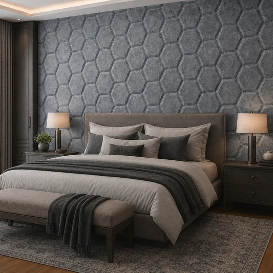 Grey HEXA BOLD 3D acoustic felt panels in an elegant bedroom, shown from a 45-degree angle with coordinated furnishings and warm lighting