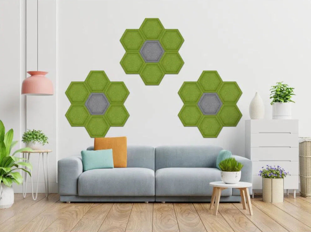 HEXA BOLD 3D Acoustic Felt Wall Panels in living room interior OLIVE DecorMania.eu