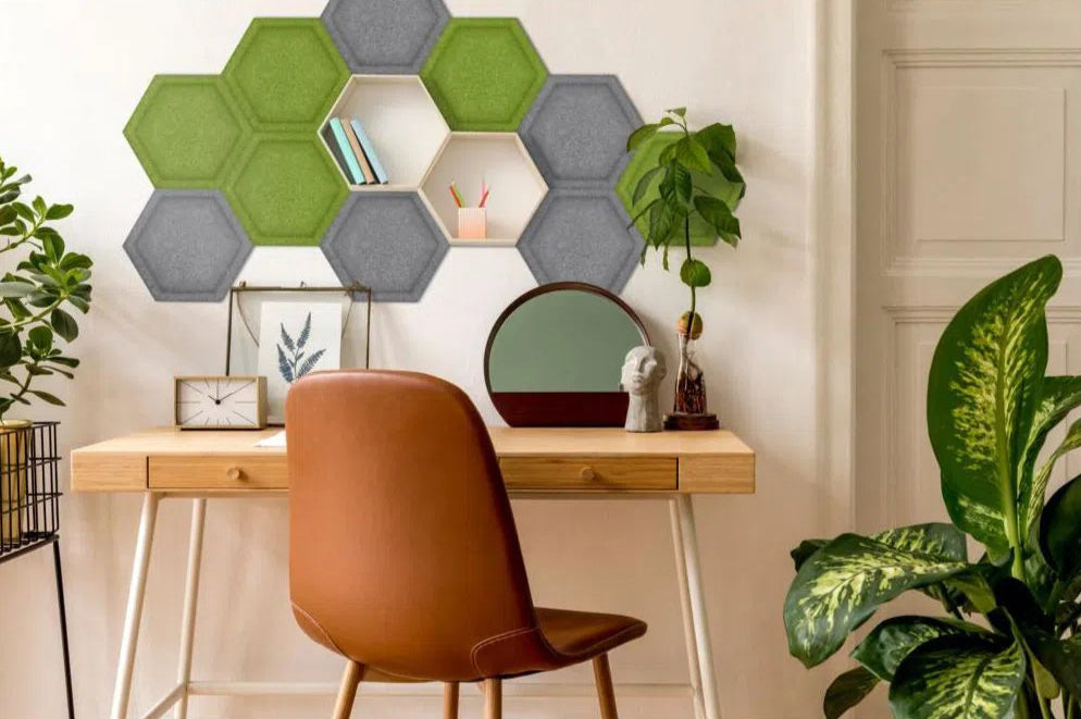 HEXA BOLD 3D Acoustic Felt Wall Panels in cozy warm interior OLIVE DecorMania.eu