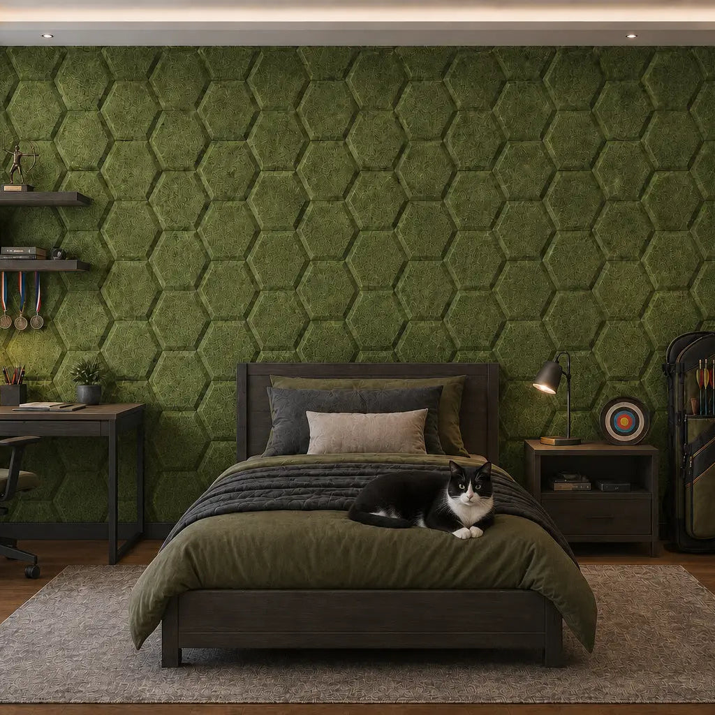 HEXA BOLD 3D acoustic felt wall panels, archery-themed décor and a black-and-white cat resting on the bed.