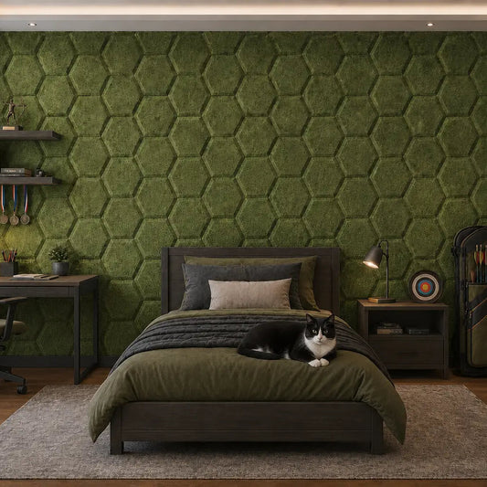 HEXA BOLD 3D acoustic felt wall panels, archery-themed décor and a black-and-white cat resting on the bed.