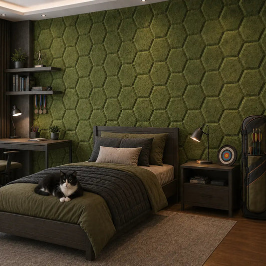 Olive HEXA BOLD 3D acoustic felt panels in a teenager’s archery-themed bedroom, shown from a 45-degree angle with a black-and-white cat on the bed