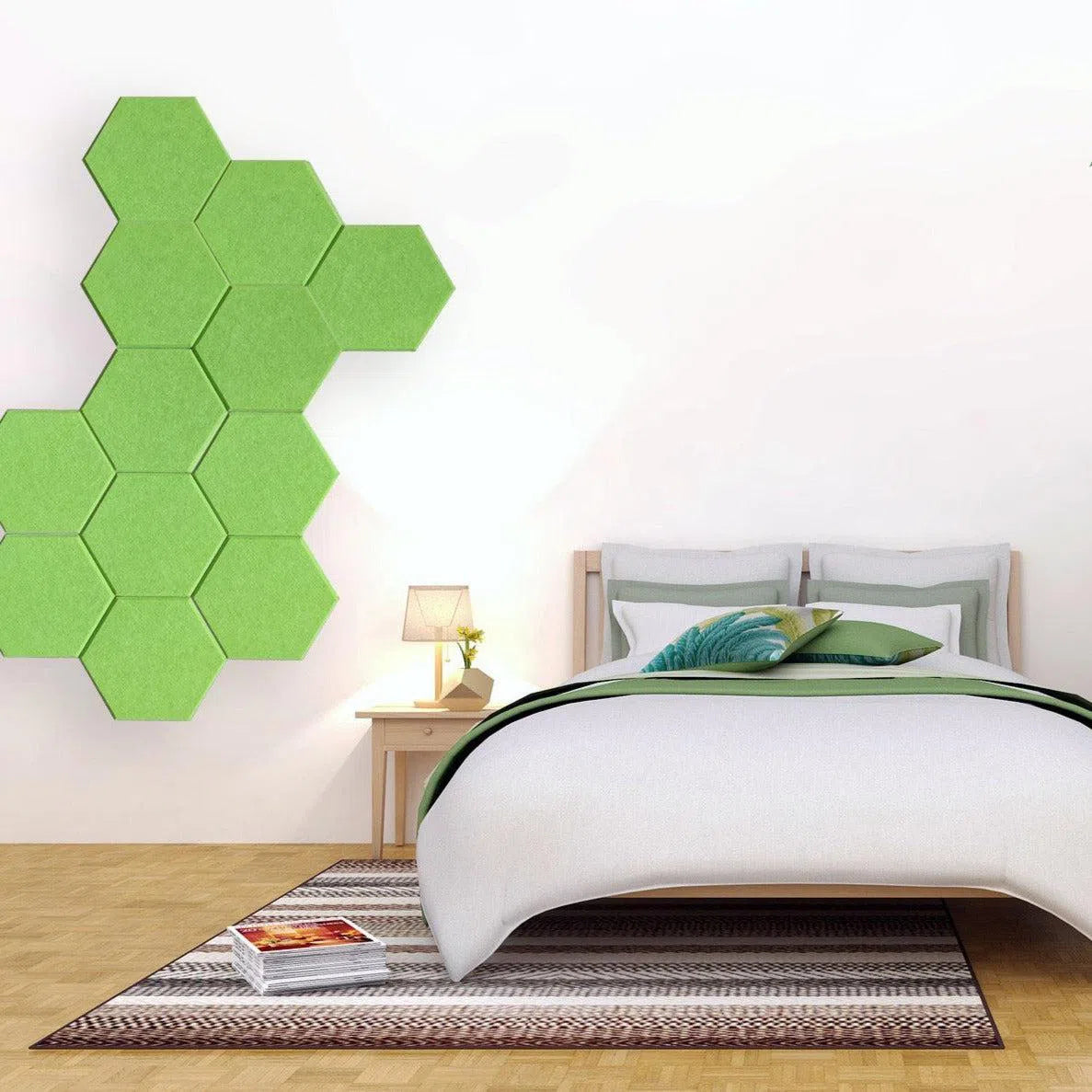 HEXA Felt 3D PET Wall Panels Sample colour swatch green panels in bedroom interior DecorMania.eu