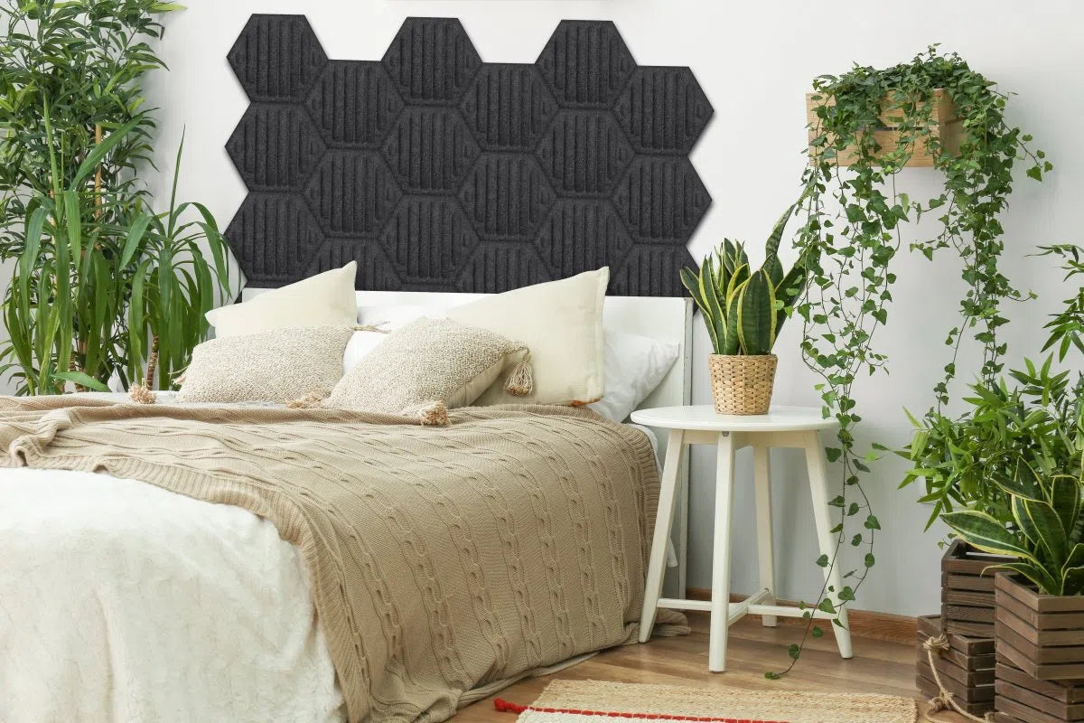 HEXA RIFT 3D Acoustic Felt Wall Panels BLACK in bedroom interior DecorMania.eu