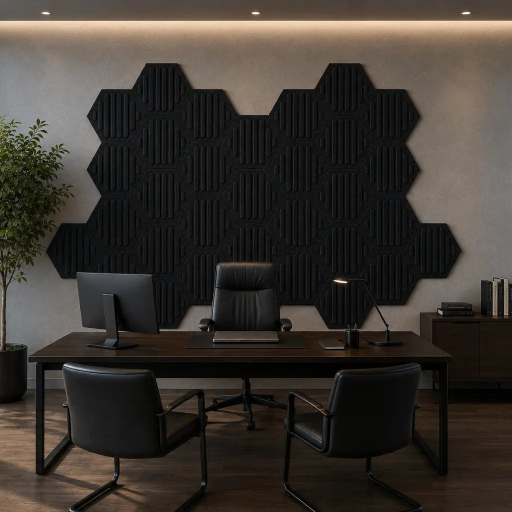 Black HEXA RIFT 3D acoustic felt wall panels displayed in a modern high-rise executive office