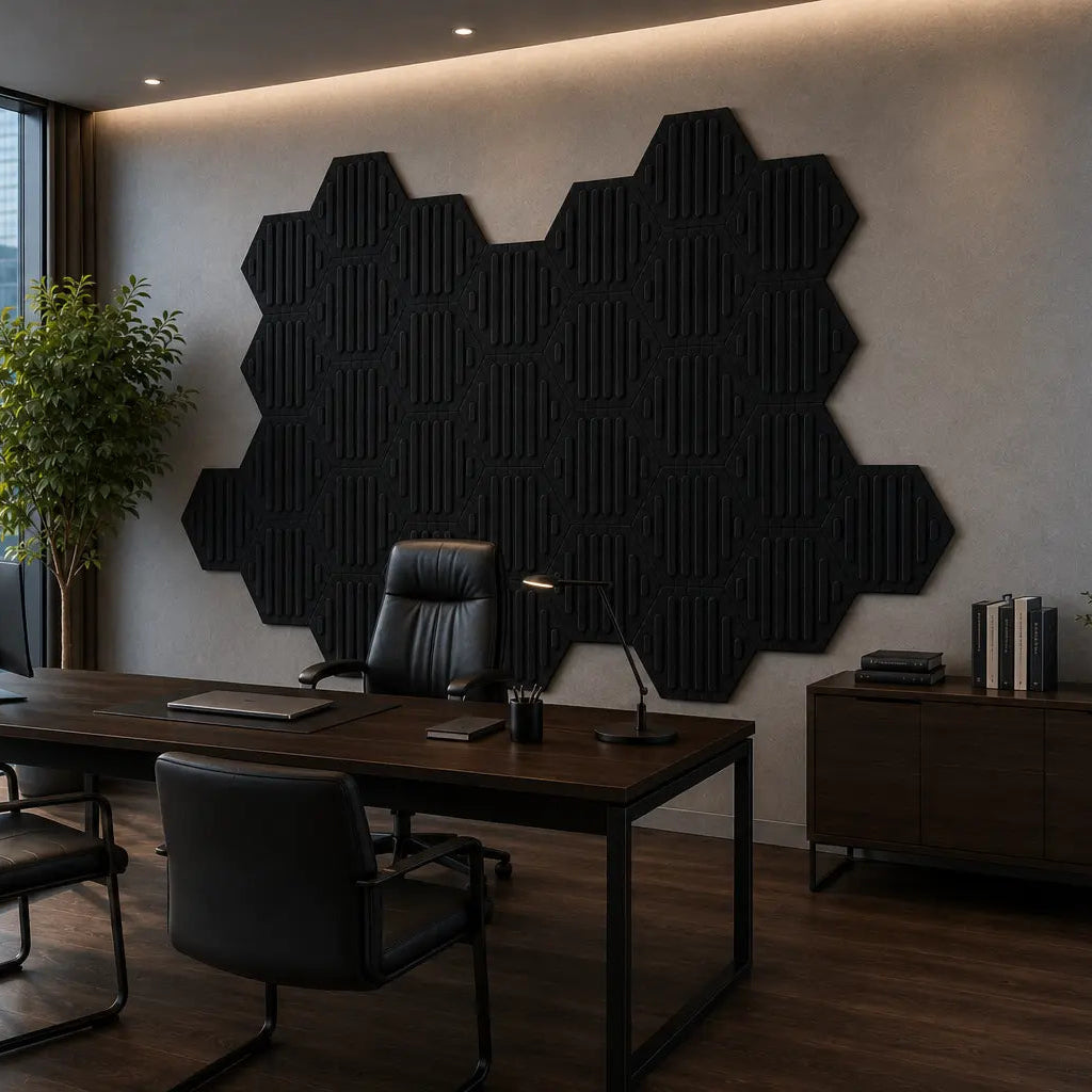 Black HEXA RIFT 3D acoustic felt wall panels shown from a 45-degree angle in a modern high-rise office