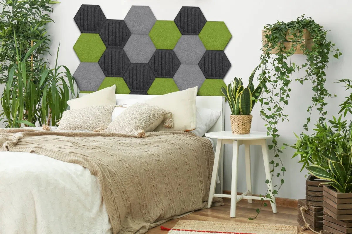 HEXA RIFT 3D Acoustic Felt Wall Panels in bedroom interior GREY DecorMania.eu