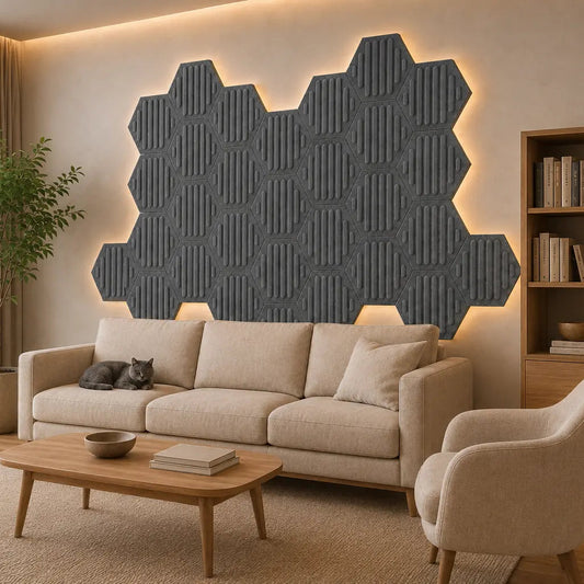Grey HEXA RIFT 3D acoustic felt wall panels shown from a 45-degree angle in a modern living room