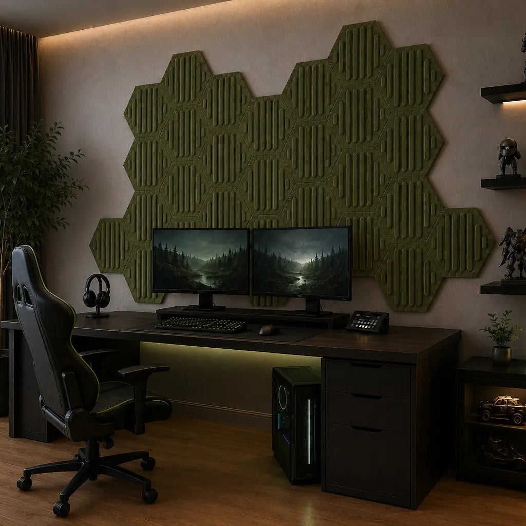 Olive HEXA RIFT 3D acoustic felt wall panels shown from a 45-degree angle in a modern gaming room