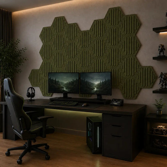 Olive HEXA RIFT 3D acoustic felt wall panels shown from a 45-degree angle in a modern gaming room