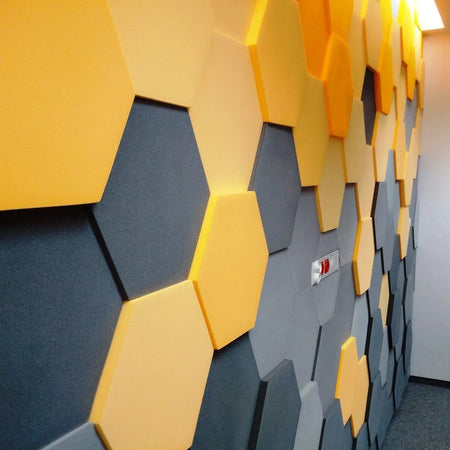 HEXA S Soft Acoustic Wall Panel yellow and grey composition DecorMania.eu