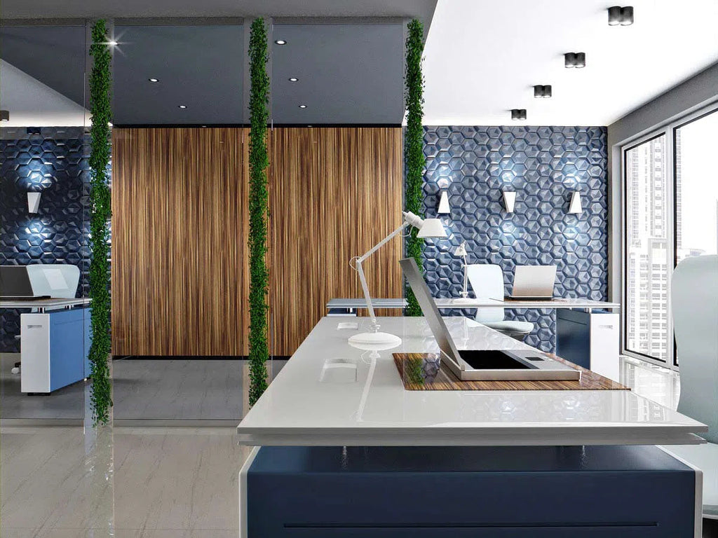 HEXAGON Polystyrene Wall Art – 3D Decorative Panels in blue and white office interior DecorMania.eu