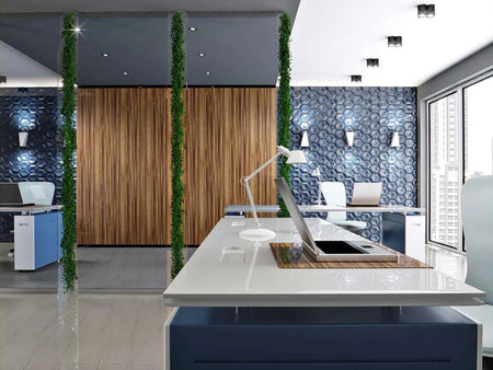 HEXAGON Polystyrene Wall Art – 3D Decorative Panels in blue and white office interior DecorMania.eu