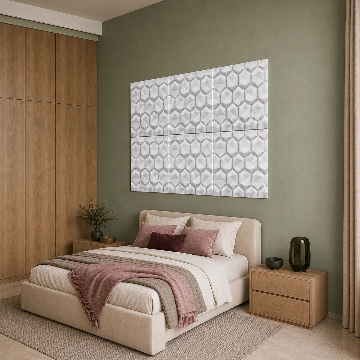 Angled view of white 3D hexagon polystyrene wall panels above a beige bed in a sage green bedroom