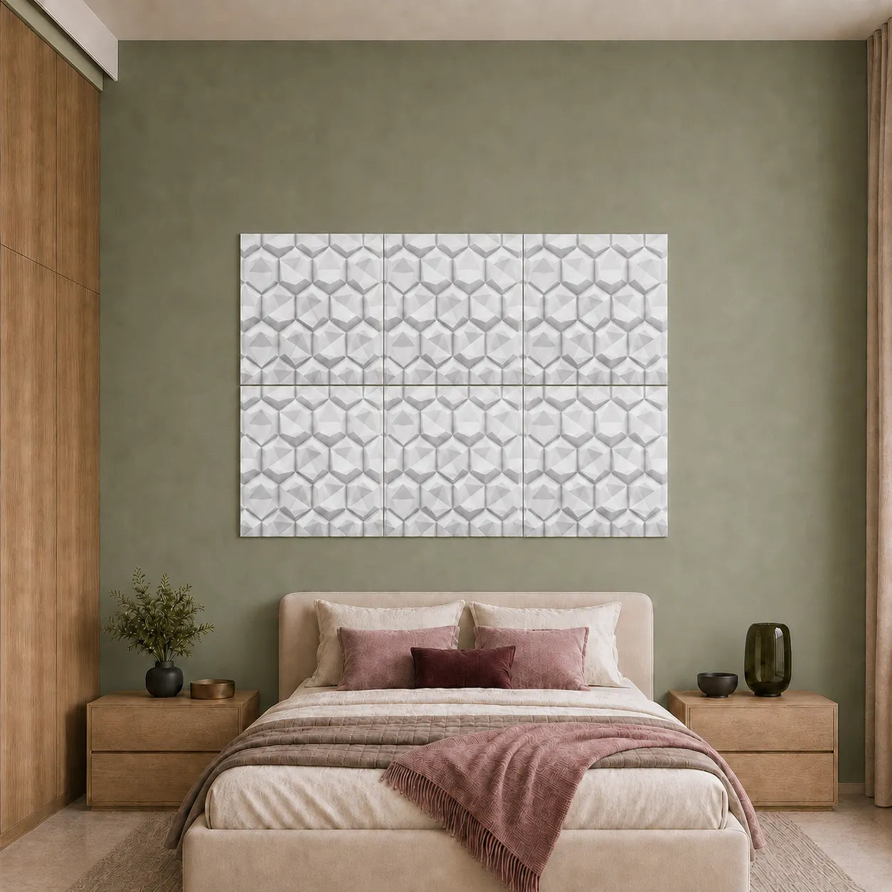White geometric hexagon polystyrene wall panels displayed above a bed in a modern sage green bedroom
