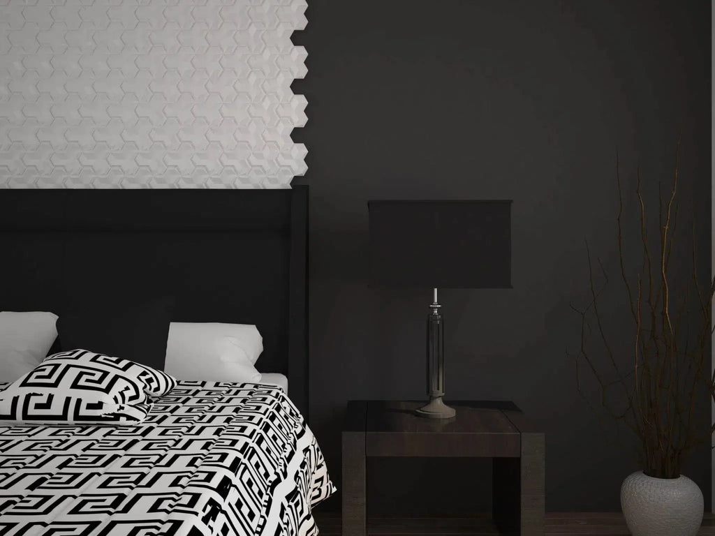 HEXA 2 Polystyrene Wall Art – 3D Decorative Panels in black and whie bedroom interior DecorMania.eu