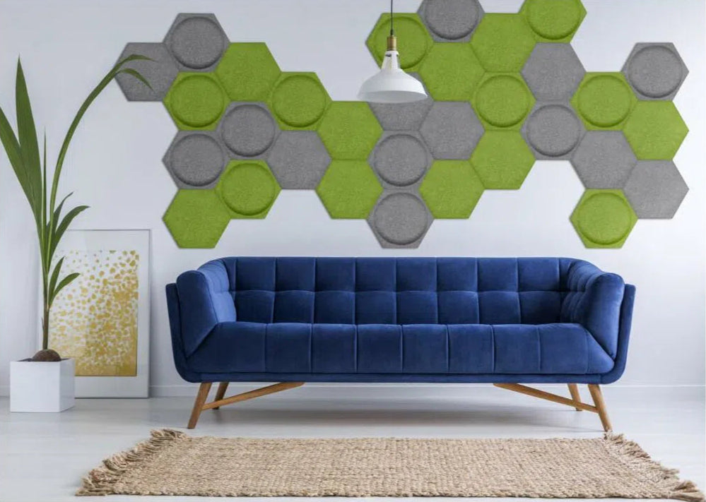 HEXA BOLD 2 Acoustic 3D Felt Wall Panels in living room interior OLIVE DecorMania.eu
