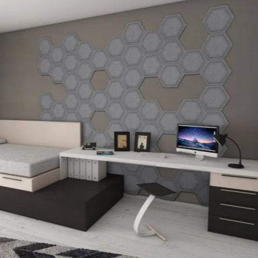 HEXA BOLD Acoustic 3D Felt Wall Panels accent wall in modern bedroom interior GREY DecorMania.eu