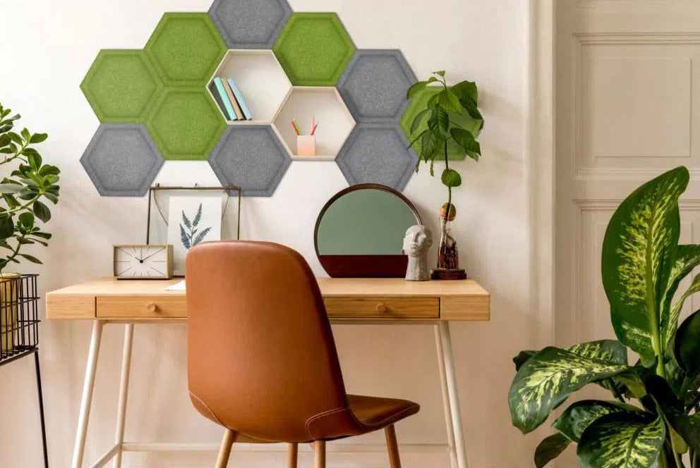 HEXA BOLD Acoustic 3D Felt Wall Panels in cozy warm interior GREY DecorMania.eu