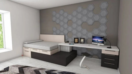 HEXA BOLD Acoustic 3D Felt Wall Panels accent wall in modern bedroom interior GREY DecorMania.eu