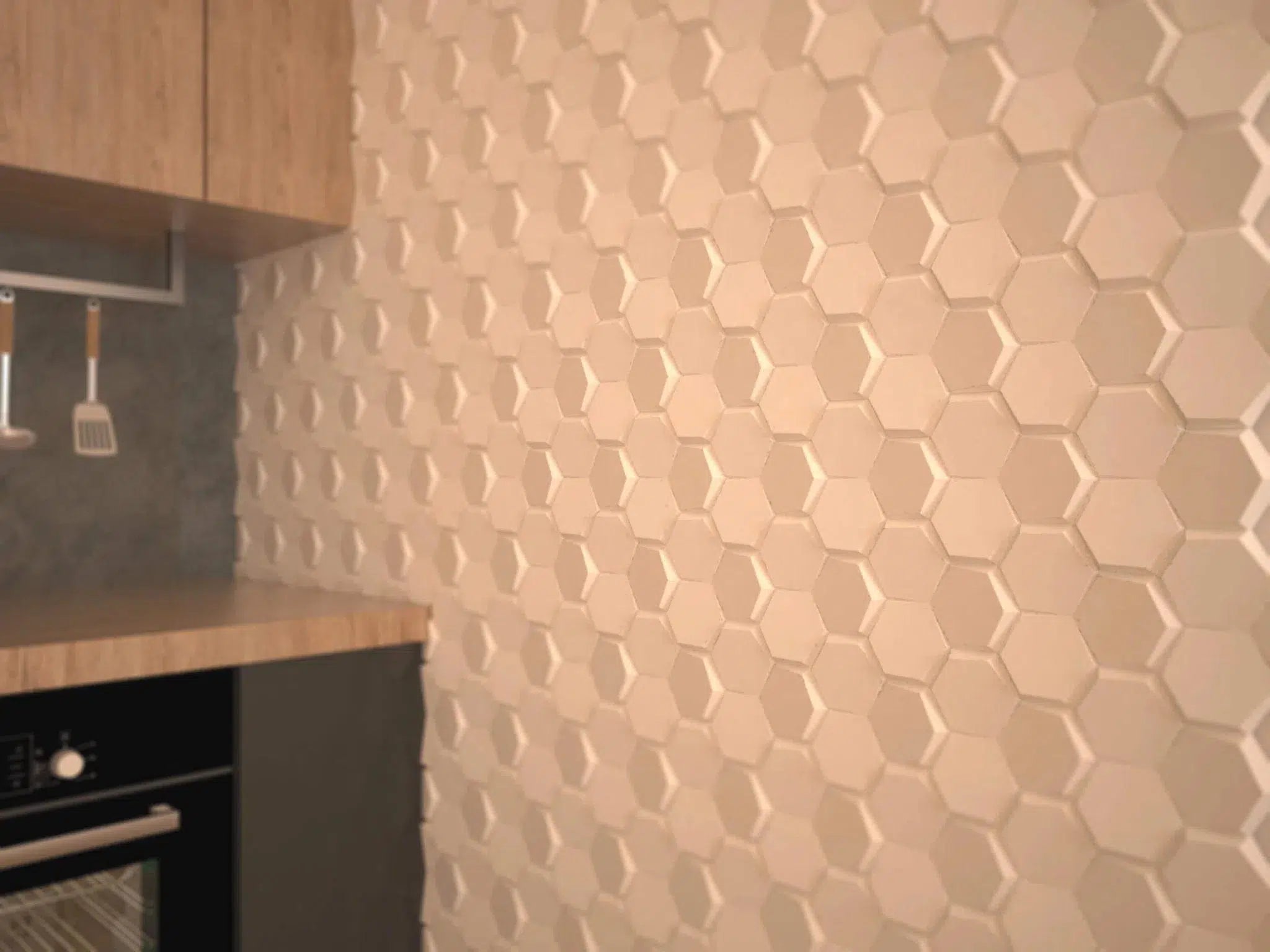 HEXA Polystyrene Wall Art – 3D Decorative Panels white colour panels in kitchen interior closeup DecorMania.eu