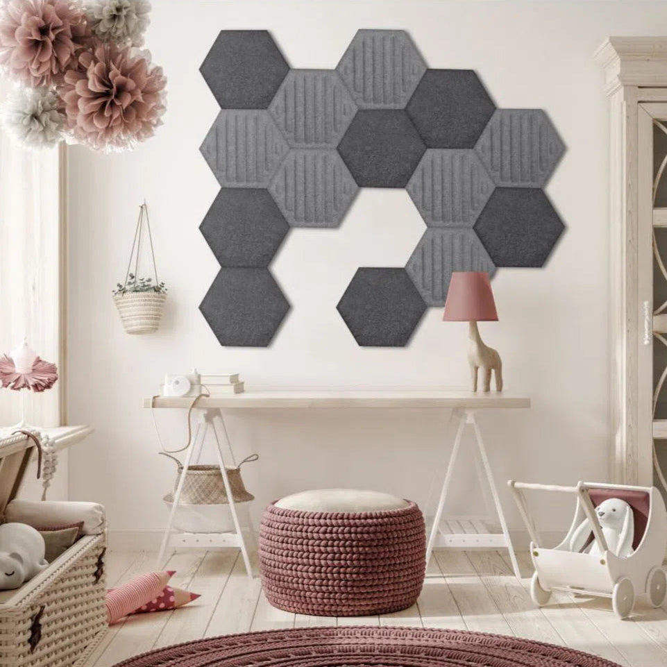 HEXA RIFT Acoustic 3D Felt Wall Panels in childrens room GREY DecorMania.eu