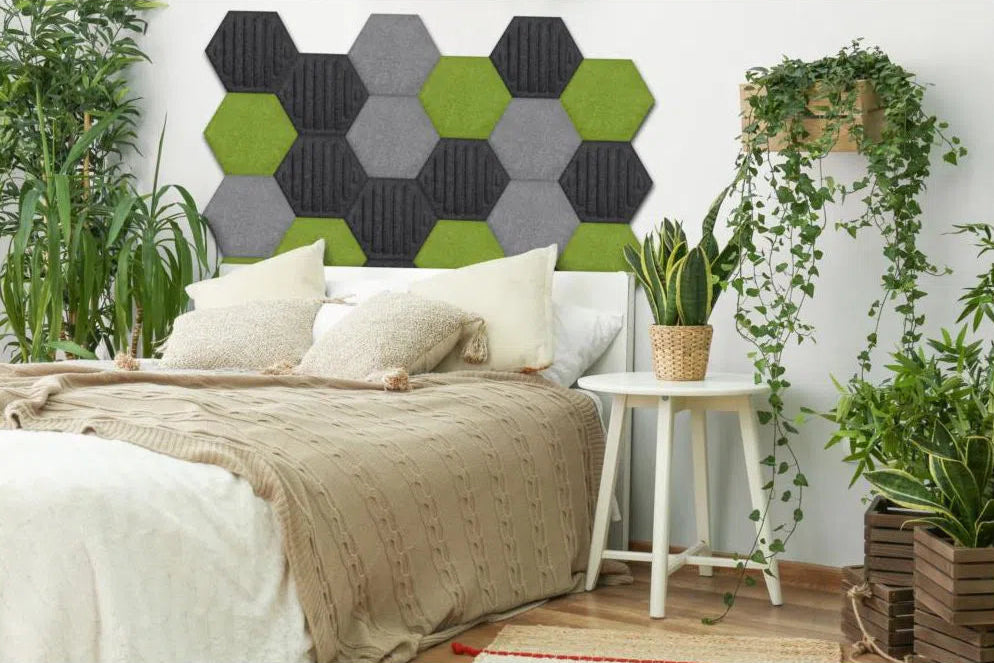 HEXA RIFT Acoustic 3D Felt Wall Panels in bedroom interior OLIVE DecorMania.eu