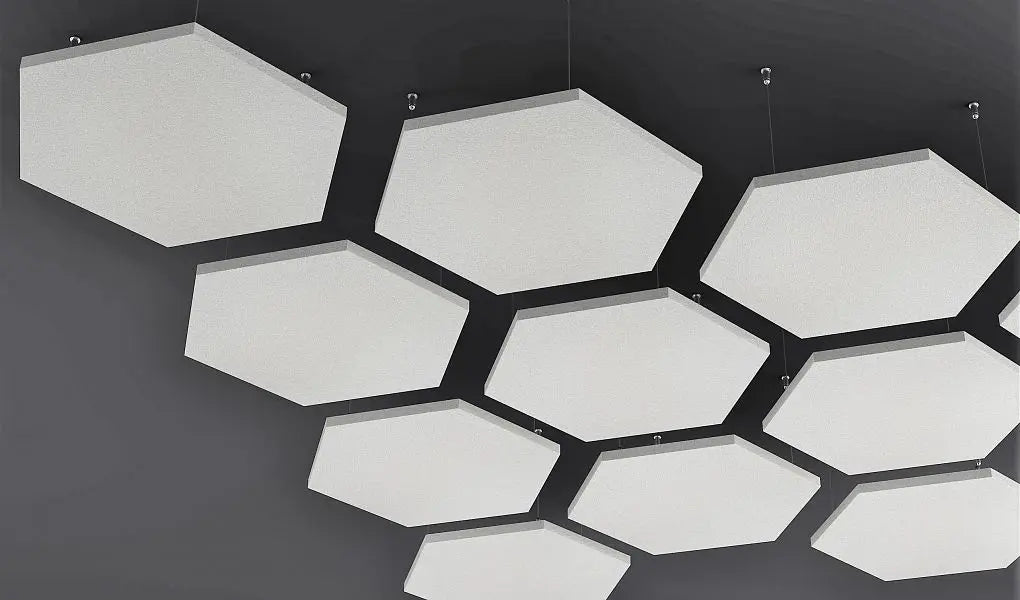 Hexa AIR Acoustic Suspended Ceiling Panel white panels on dark background Decormania.eu