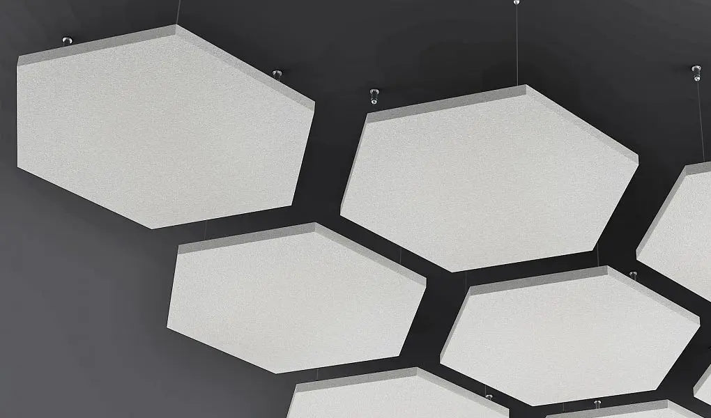 Hexa AIR Acoustic Suspended Ceiling Panel white panels on dark background Decormania.eu