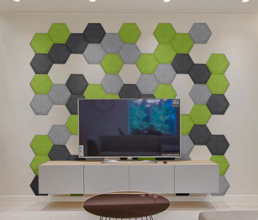 Hexa FLAT Acoustic Felt Wall Panels in living room interior BLACK DecorMania.eu