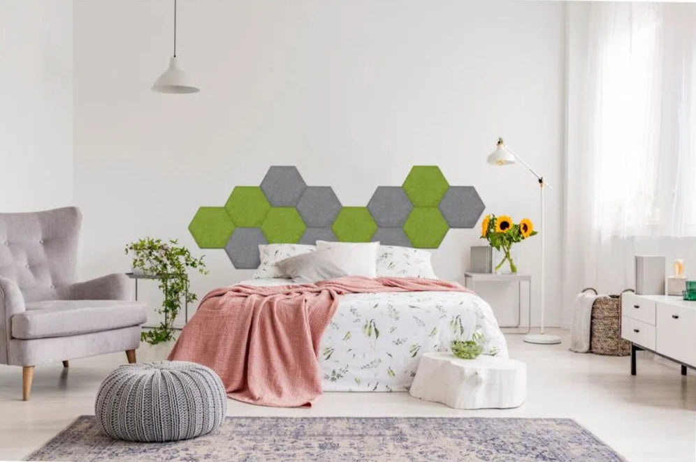 Hexa FLAT Acoustic Felt Wall Panels in bedroom interior GREY DecorMania.eu