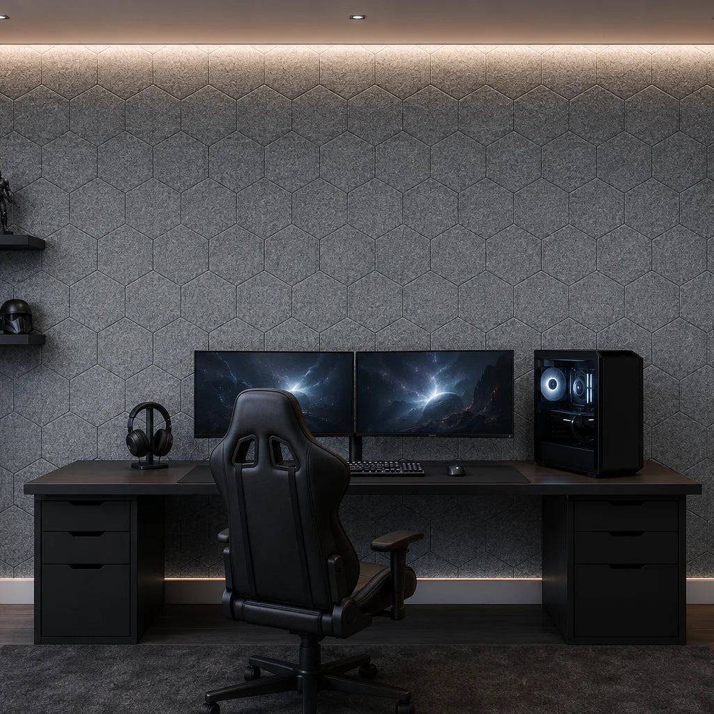 Grey flat hexagonal felt acoustic panels covering a gaming room wall behind a dual-monitor desk