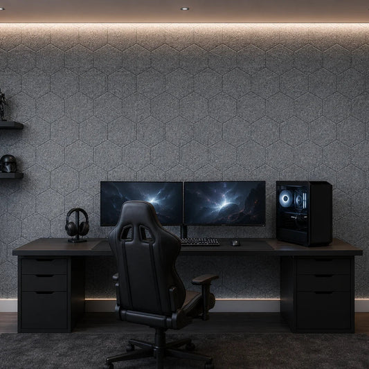Grey flat hexagonal felt acoustic panels covering a gaming room wall behind a dual-monitor desk