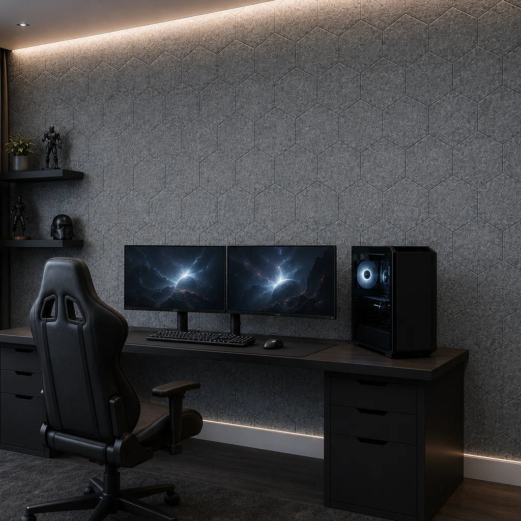 Angled view of grey hexagonal acoustic panels in a dark gaming room with dual monitors and a PC