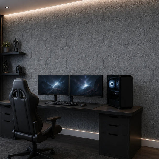 Angled view of grey hexagonal acoustic panels in a dark gaming room with dual monitors and a PC