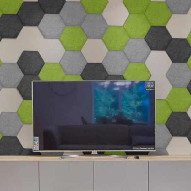 Hexa FLAT Acoustic Felt Wall Panels on living room wall OLIVE Decormania.eu cropped