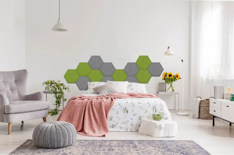 Hexa FLAT Acoustic Felt Wall Panels in white colour bedroom interior OLIVE Decormania.eu