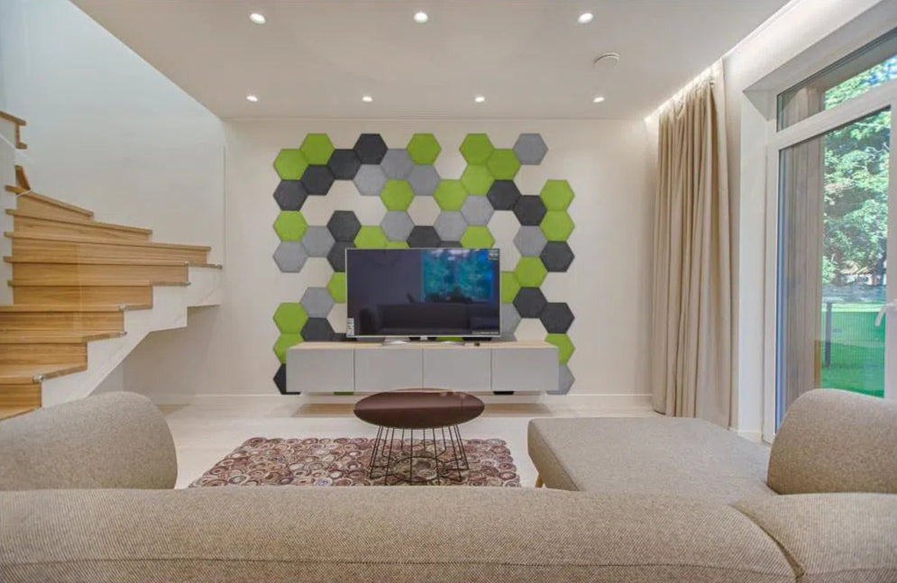Hexa FLAT Acoustic Felt Wall Panels in living room interior OLIVE Decormania.eu