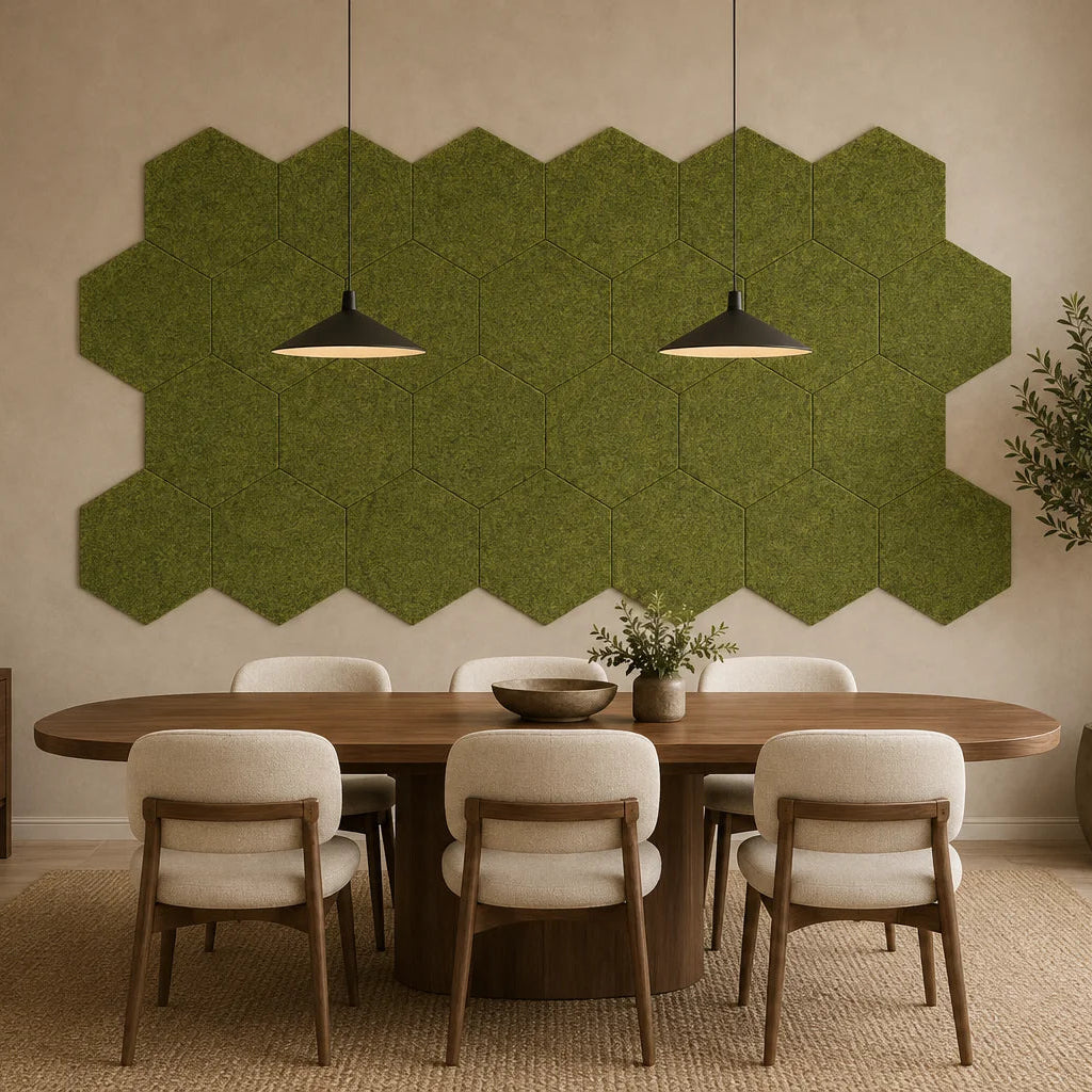 Olive green hexagonal felt acoustic wall panels arranged in a honeycomb pattern above a modern wooden dining table