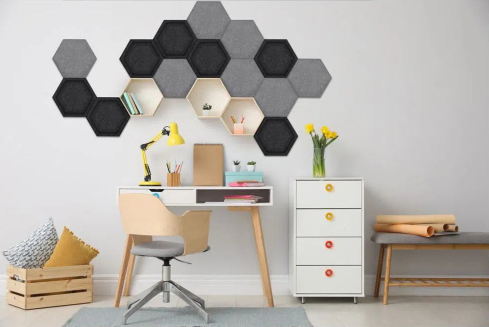 Hexa FLAT Acoustic Felt Wall Panels in white colour interior GREY DecorMania.eu