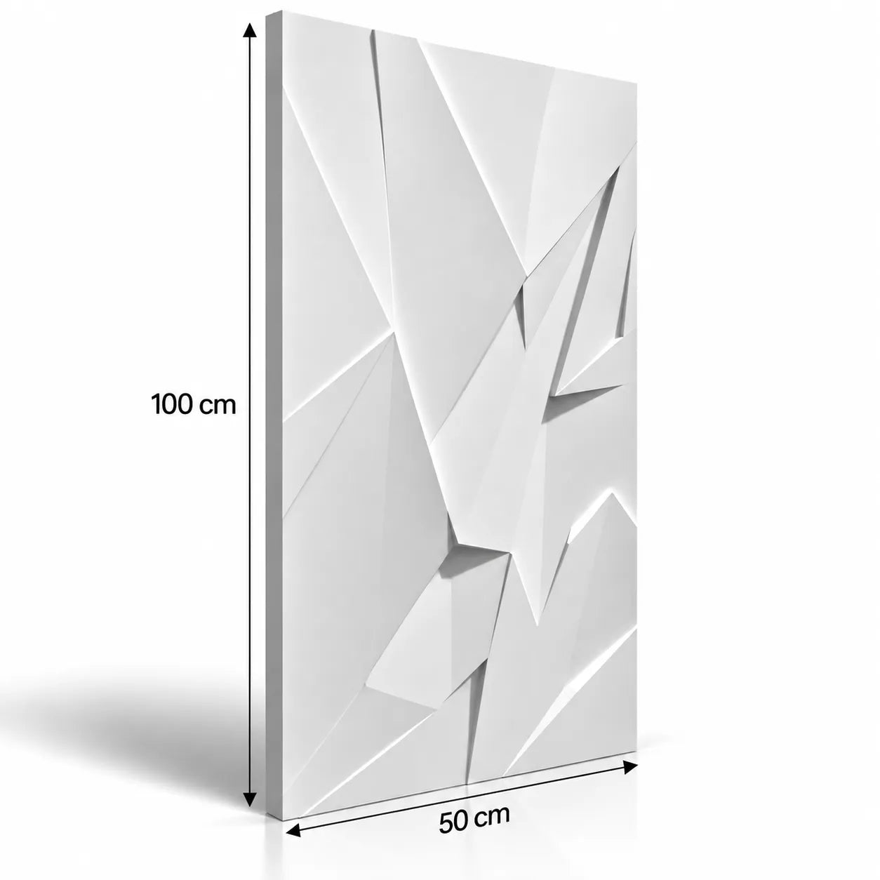 Biały gipsowy panel ścienny 3D Ice Queen z liniami wymiarowymi pokazującymi wysokość 100 cm i szerokość 50 cm