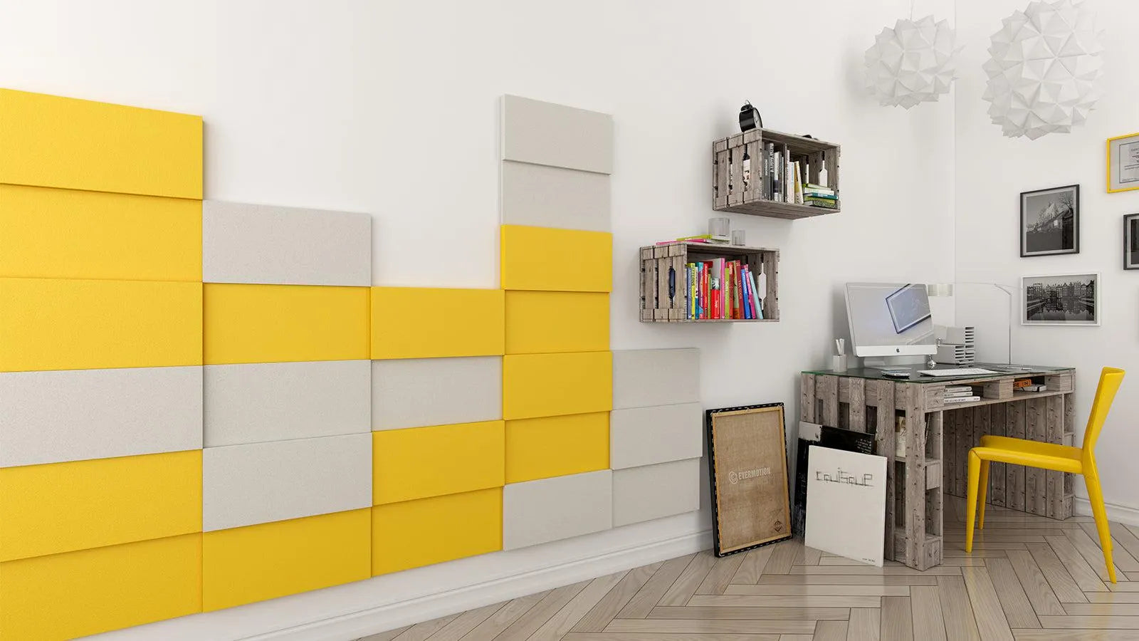 LINE Soft Acoustic Wall Panel in yellow and white interior Decormania.eu