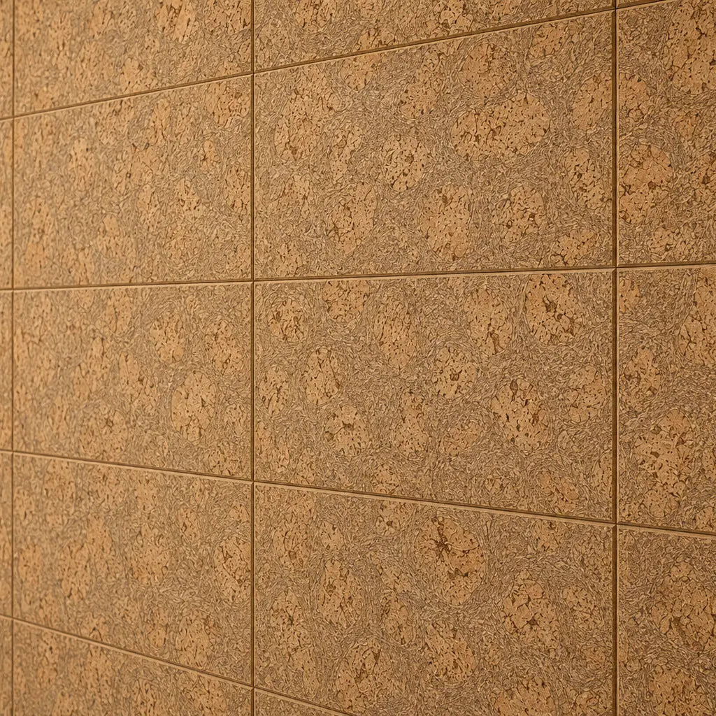 LUX cork acoustic wall panels in a modern living room with a cream sofa, wooden coffee table and neutral décor close up view