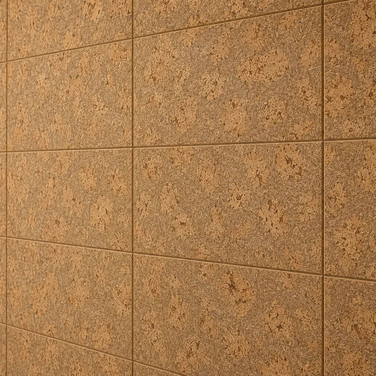LUX cork acoustic wall panels in a modern living room with a cream sofa, wooden coffee table and neutral décor close up view